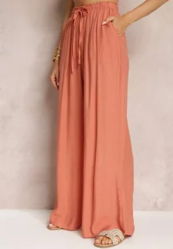 Różowe Brzoskwiniowe Szerokie Spodnie z Wiskozy i Gumką w Pasie Abyga