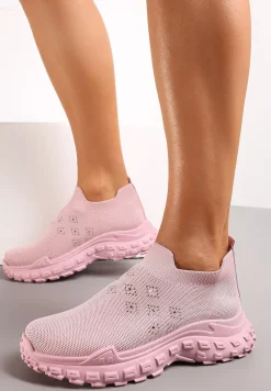 Różowe Buty Sportowe na Grubej Podeszwie z Elastyczną Cholewką z Cyrkoniami Kolby