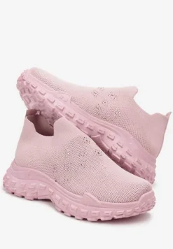 Różowe Buty Sportowe na Grubej Podeszwie z Elastyczną Cholewką z Cyrkoniami Kolby