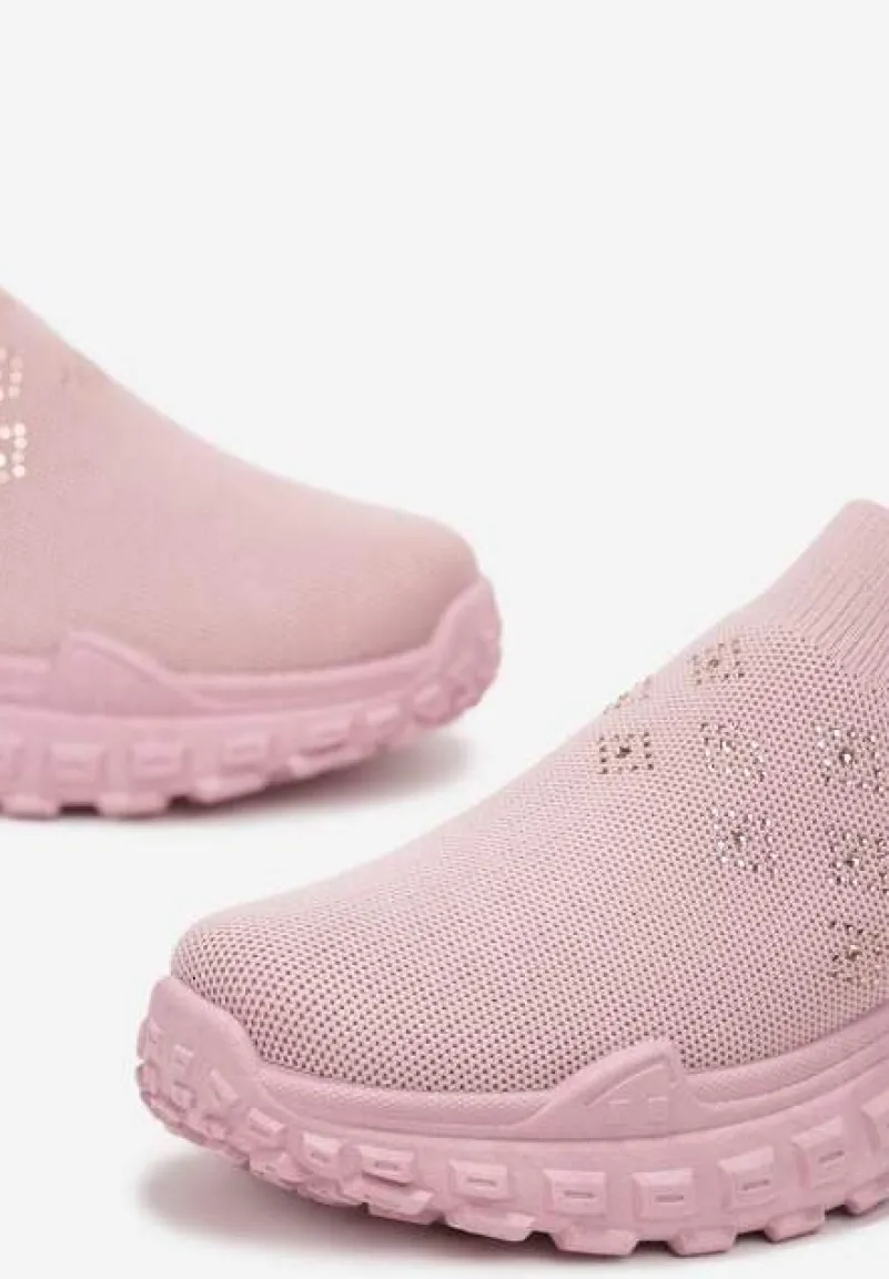 Różowe Buty Sportowe na Grubej Podeszwie z Elastyczną Cholewką z Cyrkoniami Kolby