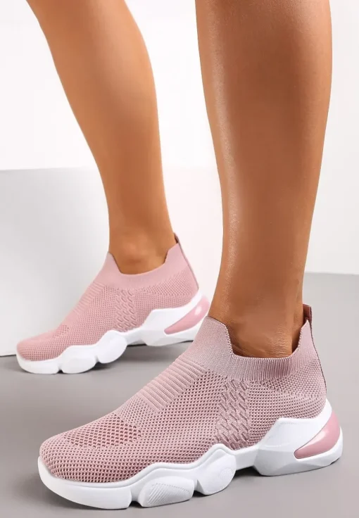 Różowe Buty Sportowe na Grubej Podeszwie z Elastyczną Cholewką Awida