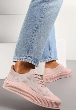 Różowe Buty Sportowe na Wiązanie z Krótką Cholewką i Płaską Podeszwą Lezaya