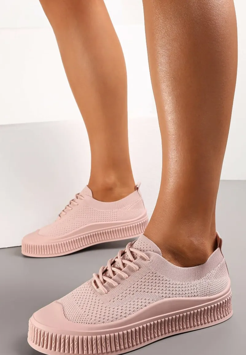 Różowe Buty Sportowe na Wiązanie z Krótką Cholewką i Płaską Podeszwą Lezaya