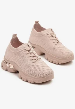 Różowe Buty Sportowe Sneakersy z Siateczki na Tłoczonej Podeszwie Zdobionej Aplikacją Neltewia