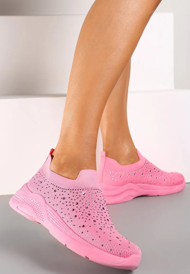 Różowe Buty Sportowe z Elastyczną Cholewką i Cyrkoniami Aribea