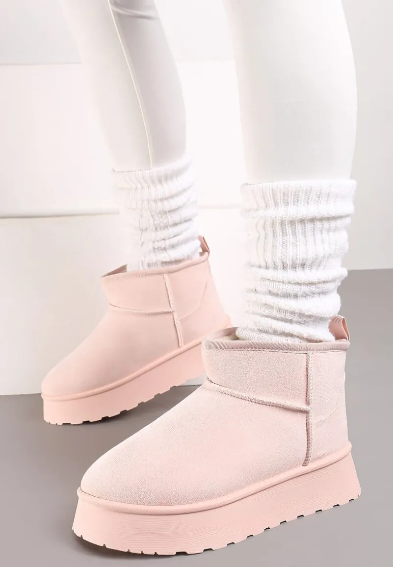 Różowe Casualowe Śniegowce na Grubej Podeszwie o Krótkim Fasonie Lobaria