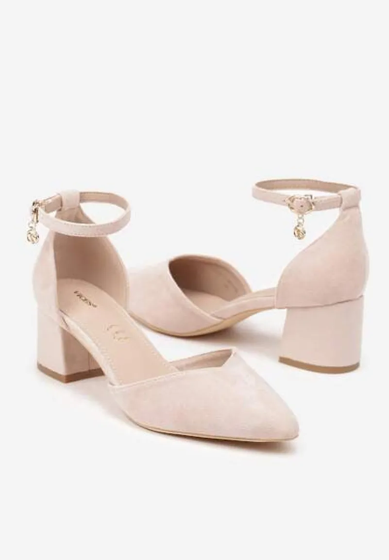 Różowe Czółenka Vices na Słupku ze Skórzaną Wkładką i Ozdobą przy Pasku Lilria