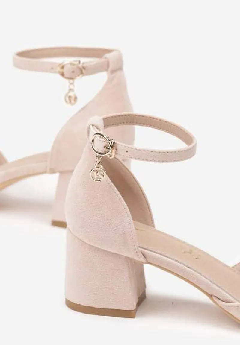 Różowe Czółenka Vices na Słupku ze Skórzaną Wkładką i Ozdobą przy Pasku Lilria