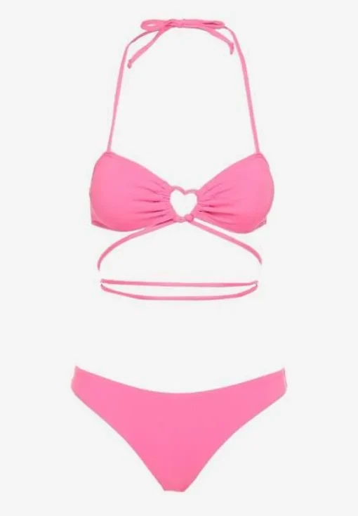 Różowe Dwuczęściowe Bikini Wiązane na Szyi z Głębokim Wycięciem Magdalena