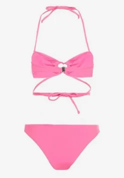 Różowe Dwuczęściowe Bikini Wiązane na Szyi z Głębokim Wycięciem Magdalena
