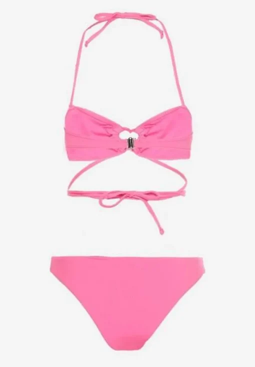 Różowe Dwuczęściowe Bikini Wiązane na Szyi z Głębokim Wycięciem Magdalena