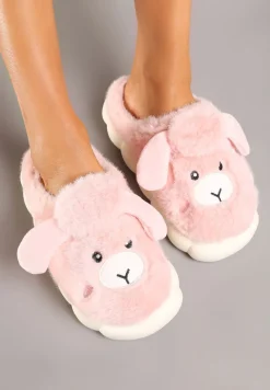 Różowe Futerkowe Kapcie na Grubej Podeszwie z Tłoczeniami Zdobione Imitacją Owieczki Ninnore