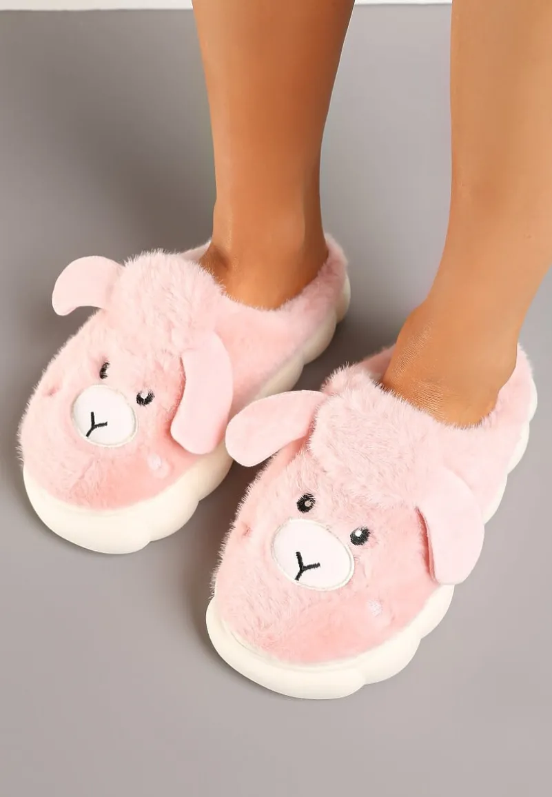Różowe Futerkowe Kapcie na Grubej Podeszwie z Tłoczeniami Zdobione Imitacją Owieczki Ninnore