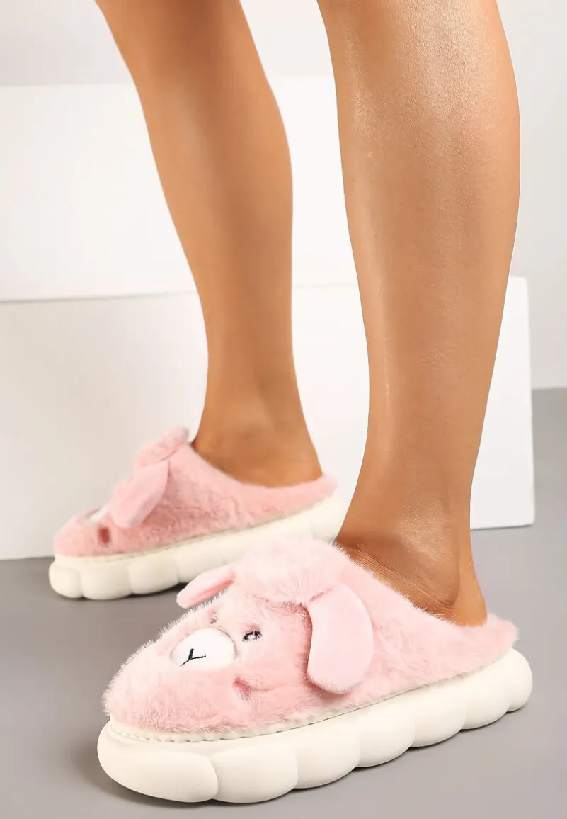 Różowe Futerkowe Kapcie na Grubej Podeszwie z Tłoczeniami Zdobione Imitacją Owieczki Ninnore