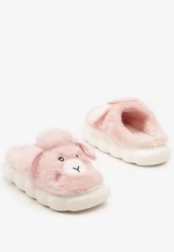 Różowe Futerkowe Kapcie na Grubej Podeszwie z Tłoczeniami Zdobione Imitacją Owieczki Ninnore