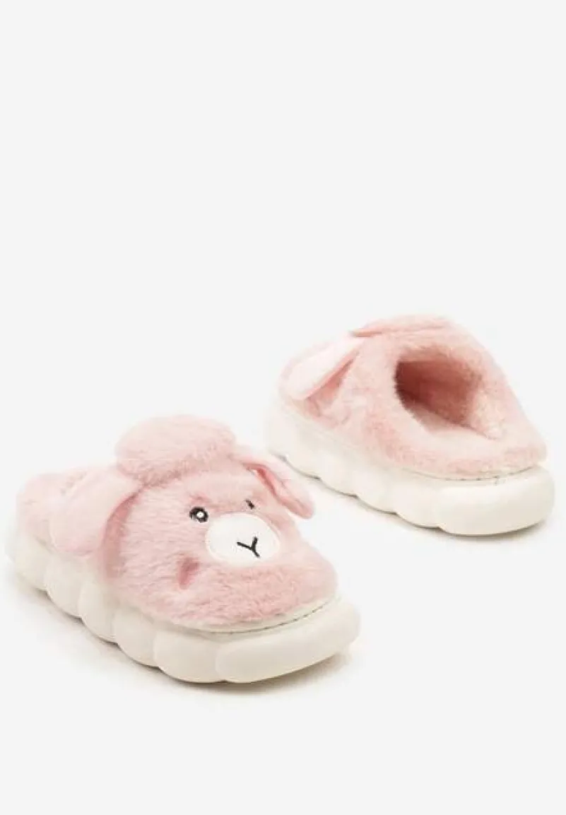 Różowe Futerkowe Kapcie na Grubej Podeszwie z Tłoczeniami Zdobione Imitacją Owieczki Ninnore