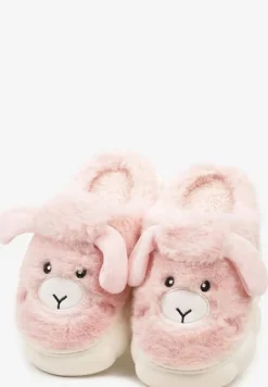 Różowe Futerkowe Kapcie na Grubej Podeszwie z Tłoczeniami Zdobione Imitacją Owieczki Ninnore