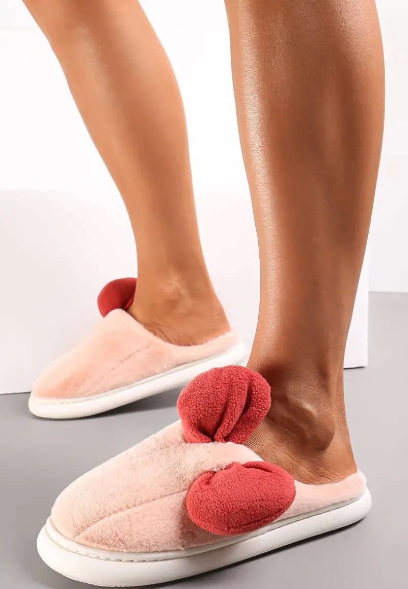 Różowe Futerkowe Kapcie z Pluszową Kokardką Vlemona