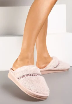 Różowe Futrzane Kapcie na Płaskiej Podeszwie Ozdobione Paskiem Linnelle