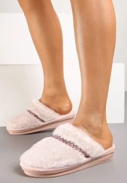 Różowe Futrzane Kapcie na Płaskiej Podeszwie Ozdobione Paskiem Linnelle