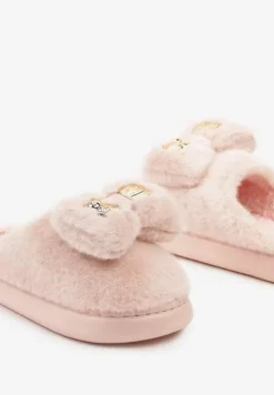 Różowe Futrzane Kapcie na Płaskiej Podeszwie Ozdobione Aplikacjami i Kokardą Vamisha