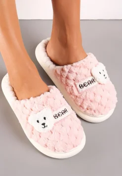 Różowe Futrzane Kapcie Ozdobione Tłoczeniem i Naszywką Misia Sigim
