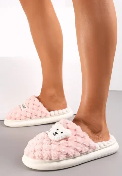 Różowe Futrzane Kapcie Ozdobione Tłoczeniem i Naszywką Misia Sigim