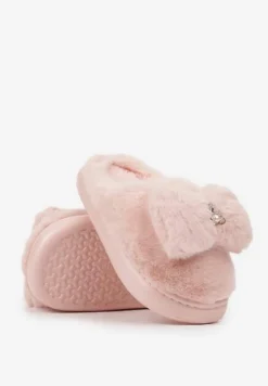 Różowe Futrzane Kapcie Ozdobione Misiem i Kokardą Tinatoria