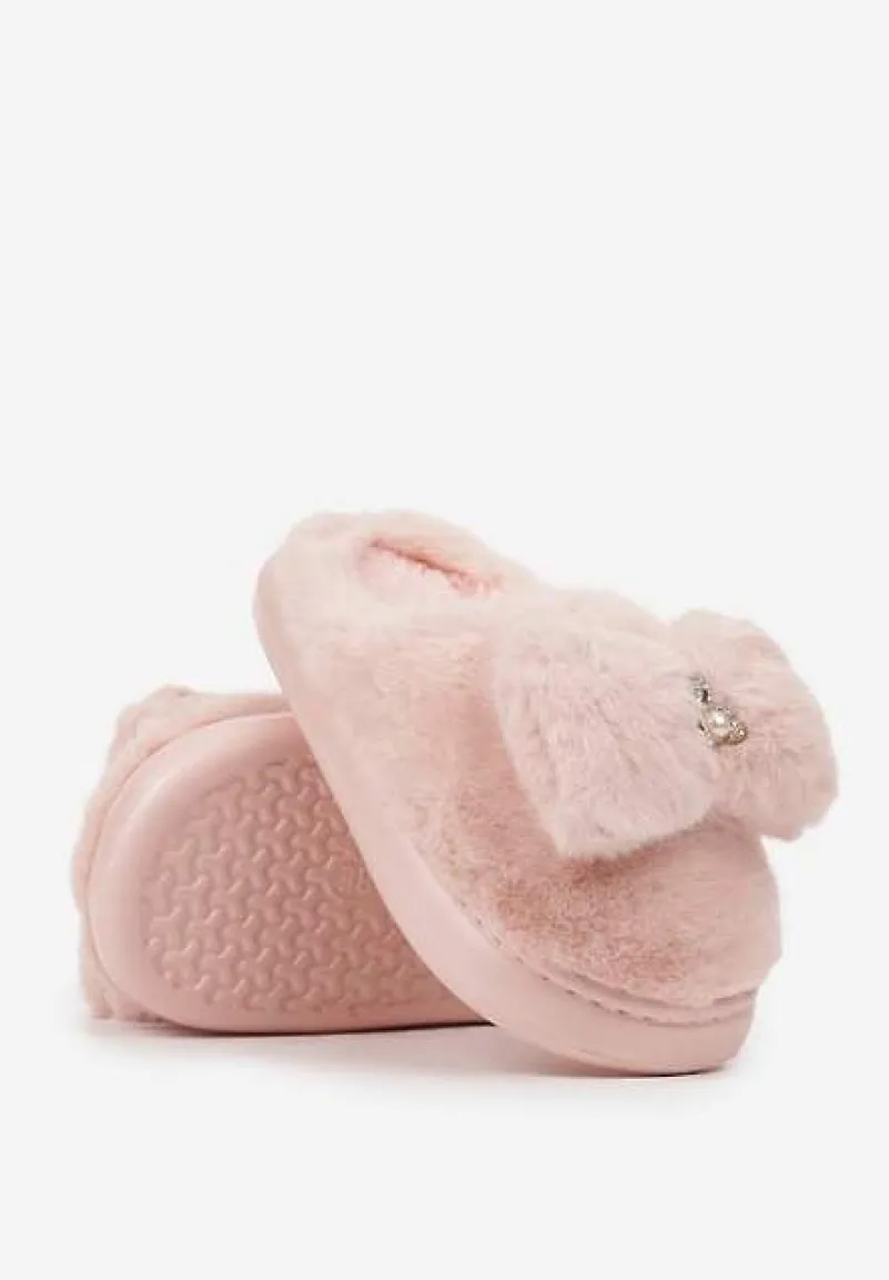 Różowe Futrzane Kapcie Ozdobione Misiem i Kokardą Tinatoria