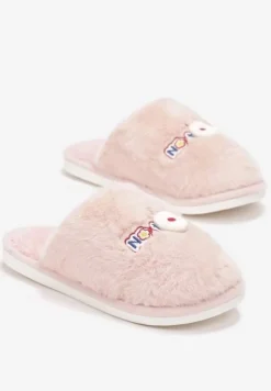 Różowe Futrzane Kapcie Pluszowe z Ozdobnym Haftem Blekanda