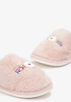 Różowe Futrzane Kapcie Pluszowe z Ozdobnym Haftem Blekanda