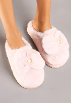 Różowe Futrzane Kapcie Wsuwane z Grubą Podeszwą i Ozdobną Kokardą Seanessa