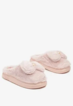 Różowe Futrzane Kapcie Wsuwane z Grubą Podeszwą i Ozdobną Kokardą Seanessa