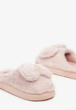 Różowe Futrzane Kapcie Wsuwane z Grubą Podeszwą i Ozdobną Kokardą Seanessa