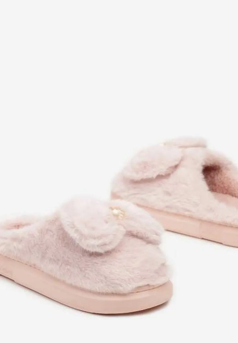 Różowe Futrzane Kapcie Wsuwane z Grubą Podeszwą i Ozdobną Kokardą Seanessa
