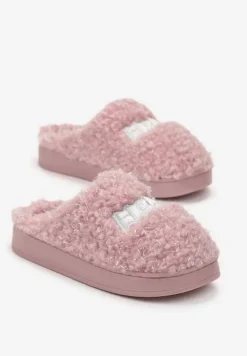 Różowe Futrzane Kapcie z Ozdobną Naszywką z Napisem Neussam