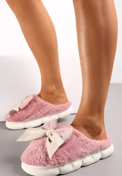 Różowe Futrzane Kapcie Zimowe Ozdobione Kokardką Saceta