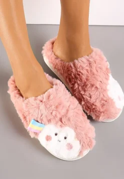 Różowe Futrzane Kapcie Zimowe z Naszywką Chmurką Conte