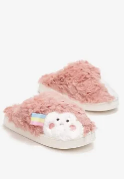 Różowe Futrzane Kapcie Zimowe z Naszywką Chmurką Conte