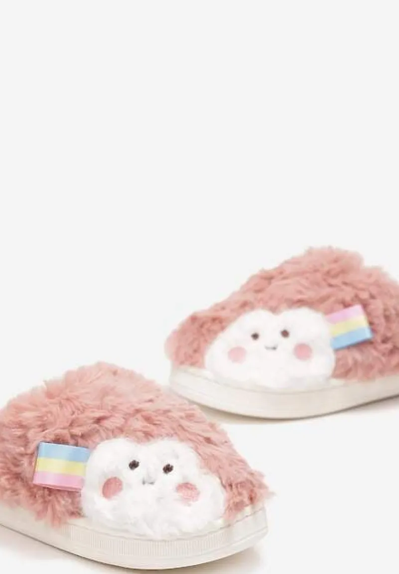 Różowe Futrzane Kapcie Zimowe z Naszywką Chmurką Conte