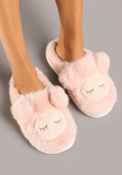 Różowe Kapcie na Grubej Podeszwie Wykończone Futrem i Aplikacją Imitującą Owieczkę Seathlin