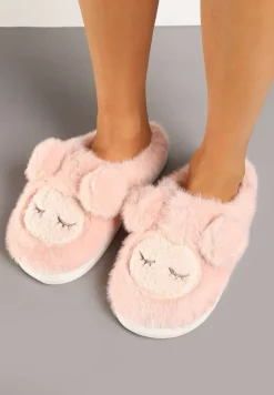 Różowe Kapcie na Grubej Podeszwie Wykończone Futrem i Aplikacją Imitującą Owieczkę Seathlin
