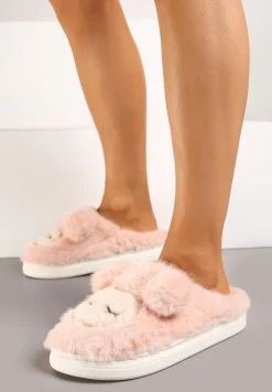 Różowe Kapcie na Grubej Podeszwie Wykończone Futrem i Aplikacją Imitującą Owieczkę Seathlin