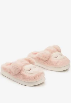 Różowe Kapcie na Grubej Podeszwie Wykończone Futrem i Aplikacją Imitującą Owieczkę Seathlin