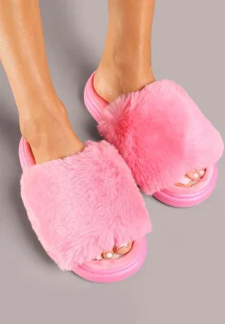 Różowe Kapcie na Płaskiej Podeszwie z Futrem Temitha