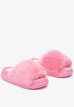Różowe Kapcie na Płaskiej Podeszwie z Futrem Temitha