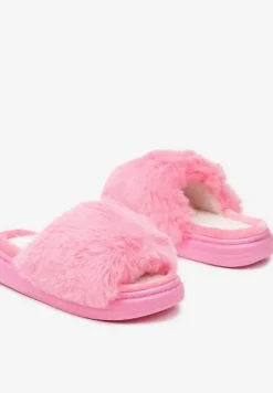 Różowe Kapcie na Płaskiej Podeszwie z Futrem Temitha
