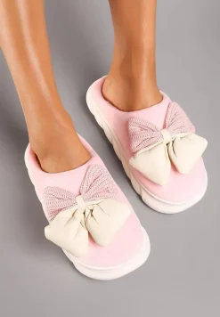 Różowe Kapcie na Płaskiej Podeszwie z Futerkiem i Kokardą Dezilaine