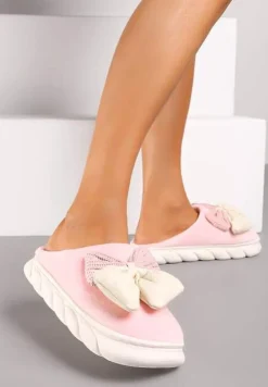 Różowe Kapcie na Płaskiej Podeszwie z Futerkiem i Kokardą Dezilaine