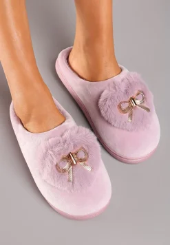 Różowe Kapcie na Płaskiej Podeszwie z Kokardą Lerilina